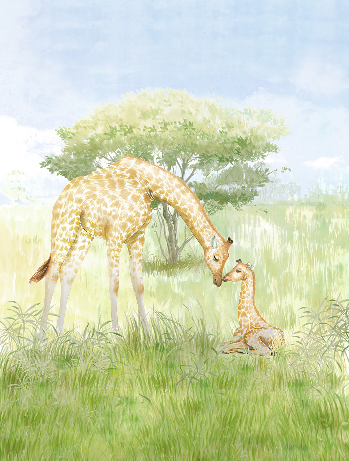 Papier peint panoramique Girafe Mom and Baby vert - Farandole de Lutèce | Réf. LTC-CW6115-2