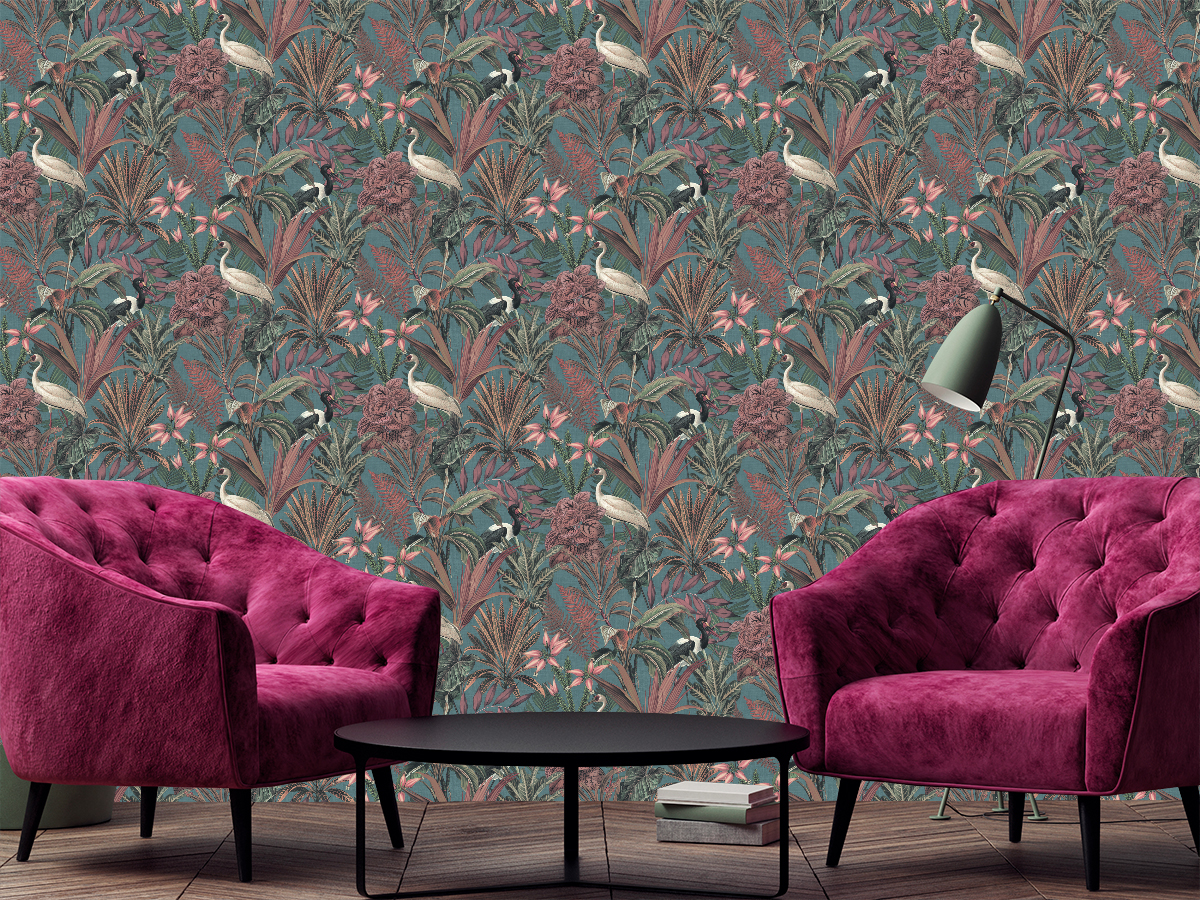Papier peint Oiseau Jungle bleu paon prune - Shamal de Montecolino | Réf. MC-NHW1051
