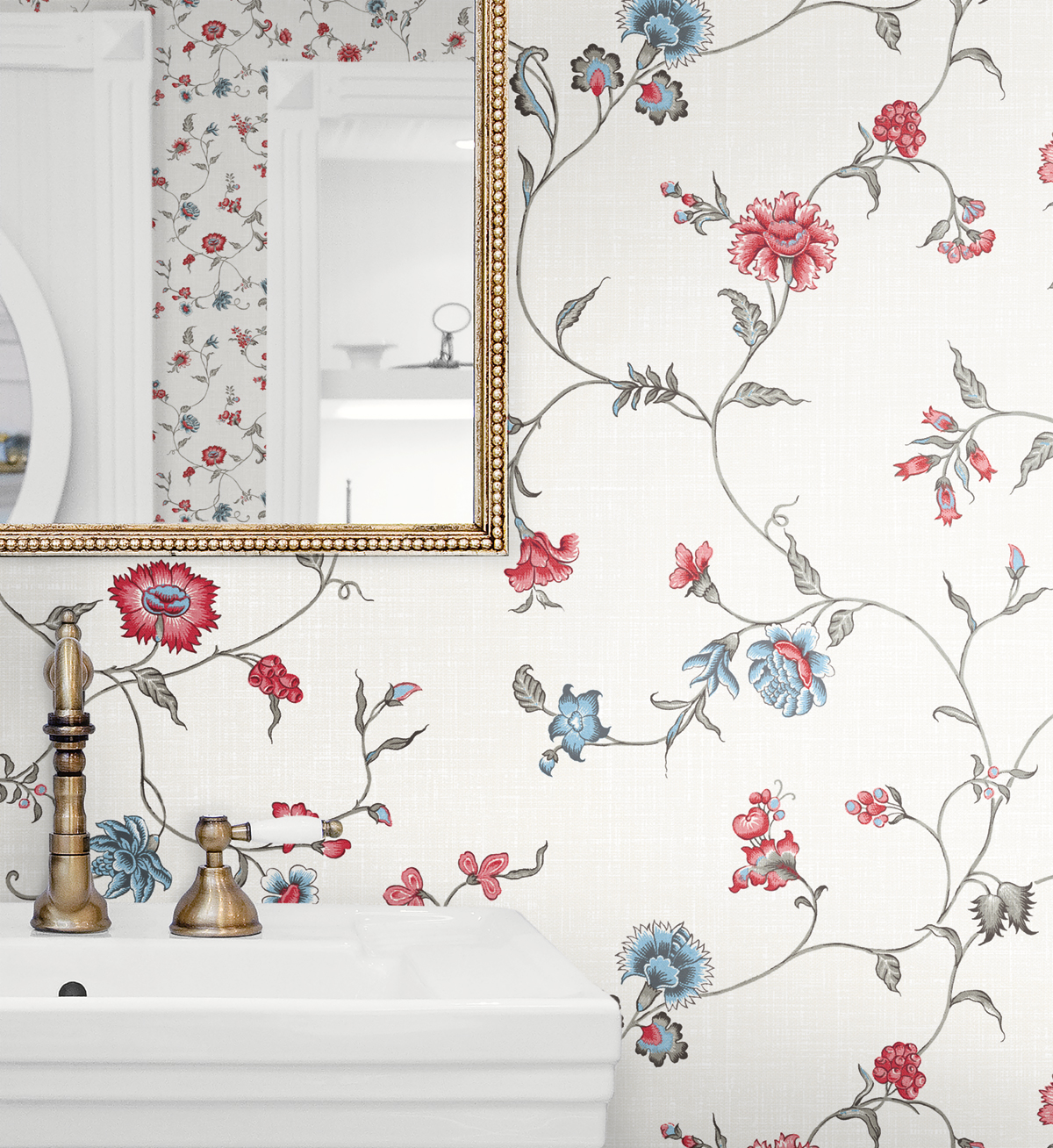 Papier peint Florale Fleur Grimpante rouge bleu - French Country d'Initiales | Réf. INI-FC61001