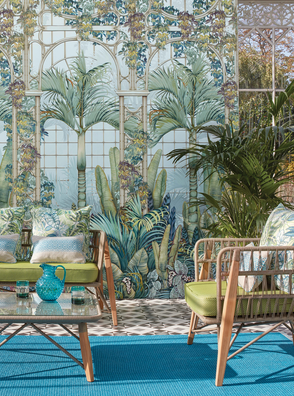 Papier peint Verrière Tropicale Palm House bleu - Mansfield de Osborne & Little AMB | Réf. OSB-W7452-02