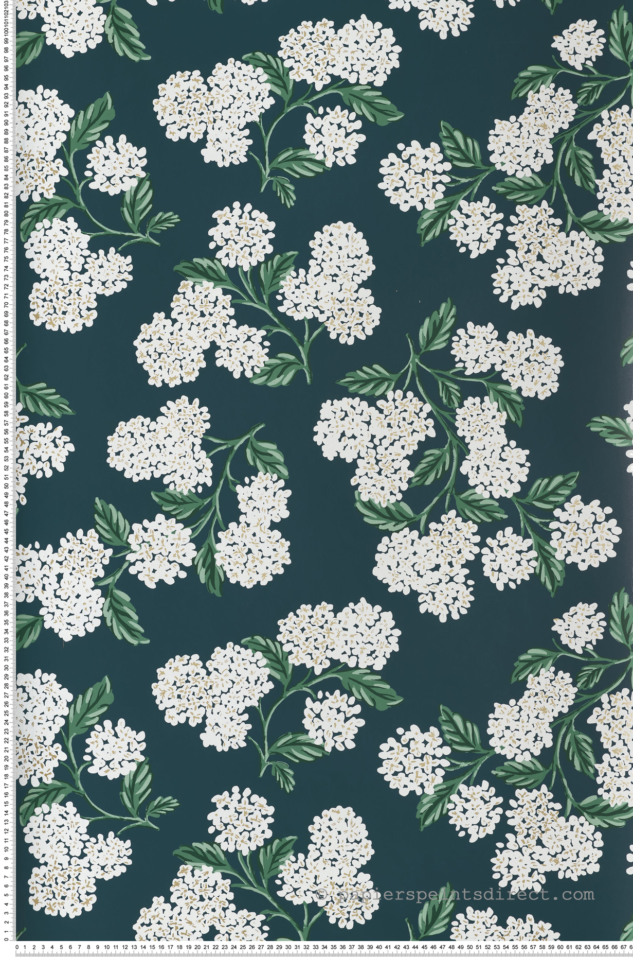 Papier peint Fleur Hydrangea bleu pétrole doré - Rifle Paper Co. 2 de York (Initiales) | Réf. INI-RP7395