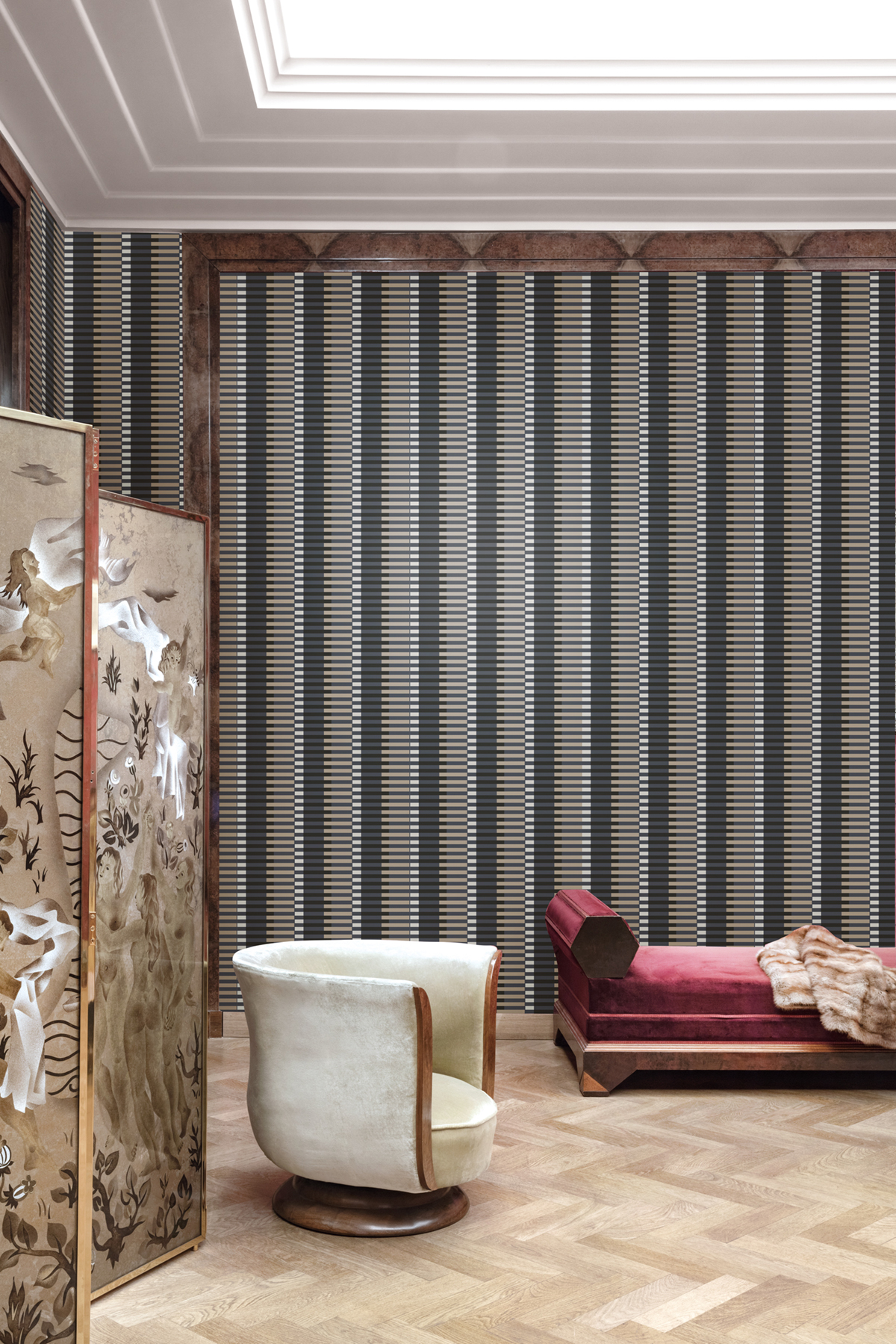 Papier peint Trait Géométrique Jules beige métallisé - Folies de Masureel | Réf. MAS-FOL404