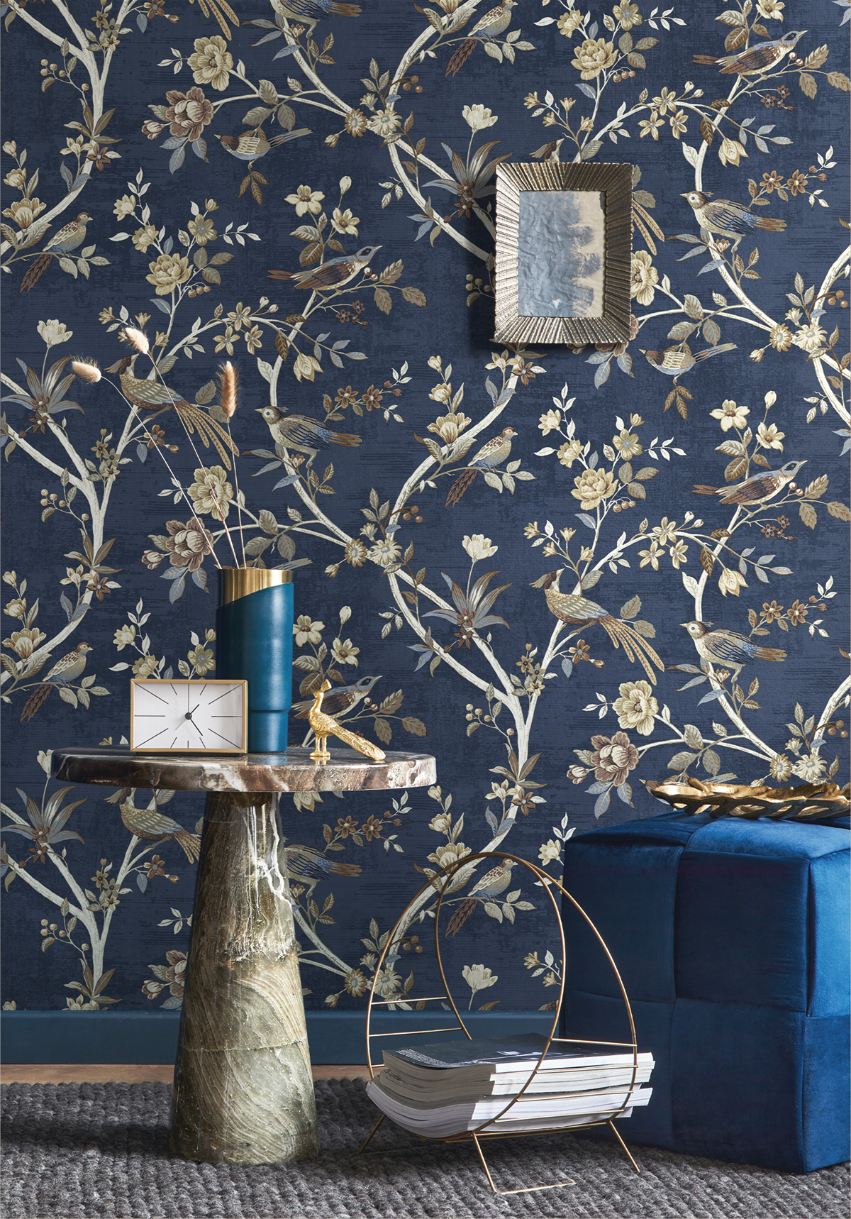 Papier peint Oiseau Vintage bleu foncé - Scala de Montecolino | Réf. MC-28849