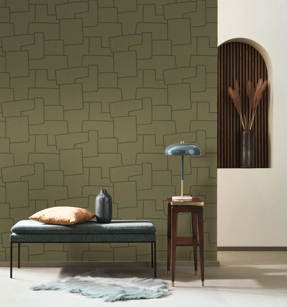 Papier peint Géométrie Lin Inca vert doré - Matera de Casadéco | Réf. MATA201127575
