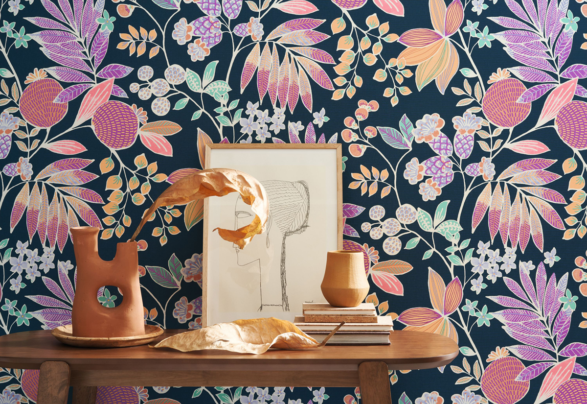 Papier peint Feuillage Palm Springs violet orange - California de Casadéco AMB3 | Réf. CALF88806868