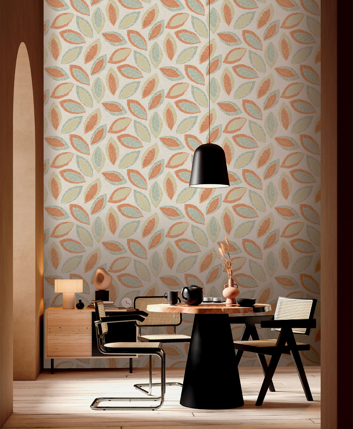 Papier peint Feuille Craft terracotta bleu d'eau - Abaca de Lutèce | Réf. LTC-51232804