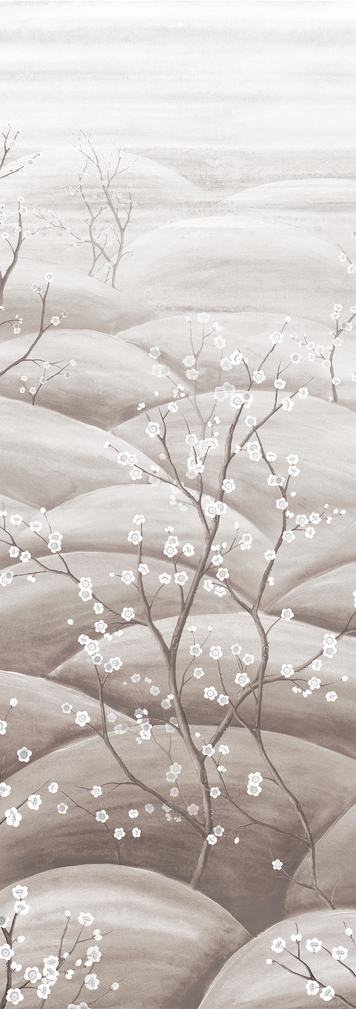 Papier peint panoramique Paysage Floral Japonais Sakura argenté - C H300 - Traces de Masureel | Réf. MAS-DGTRA5033-300