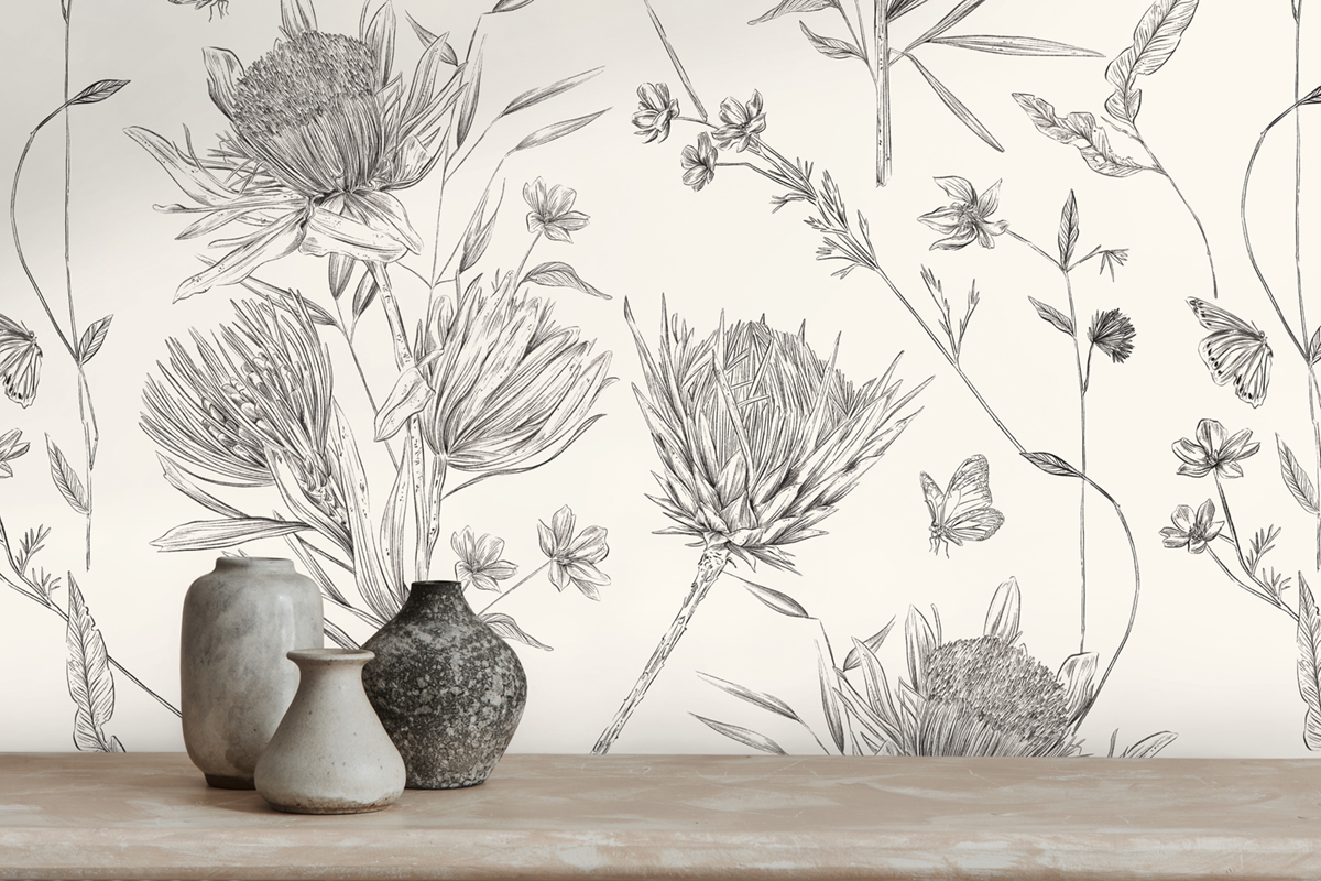 Papier peint Fleur Papillon Croquis noir blanc - Drawn Into Nature de Livingwalls AMB3| Réf. 39427-2