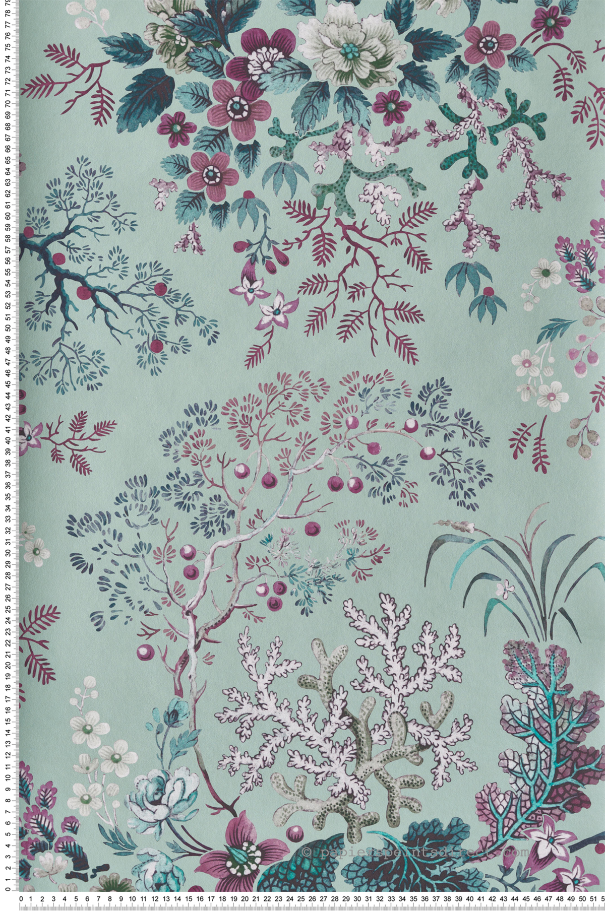 Papier peint Coraux Fleurs Kilburn's vert d'eau - V&A Decorative Papers d'Initiales | Réf. INI-31116602