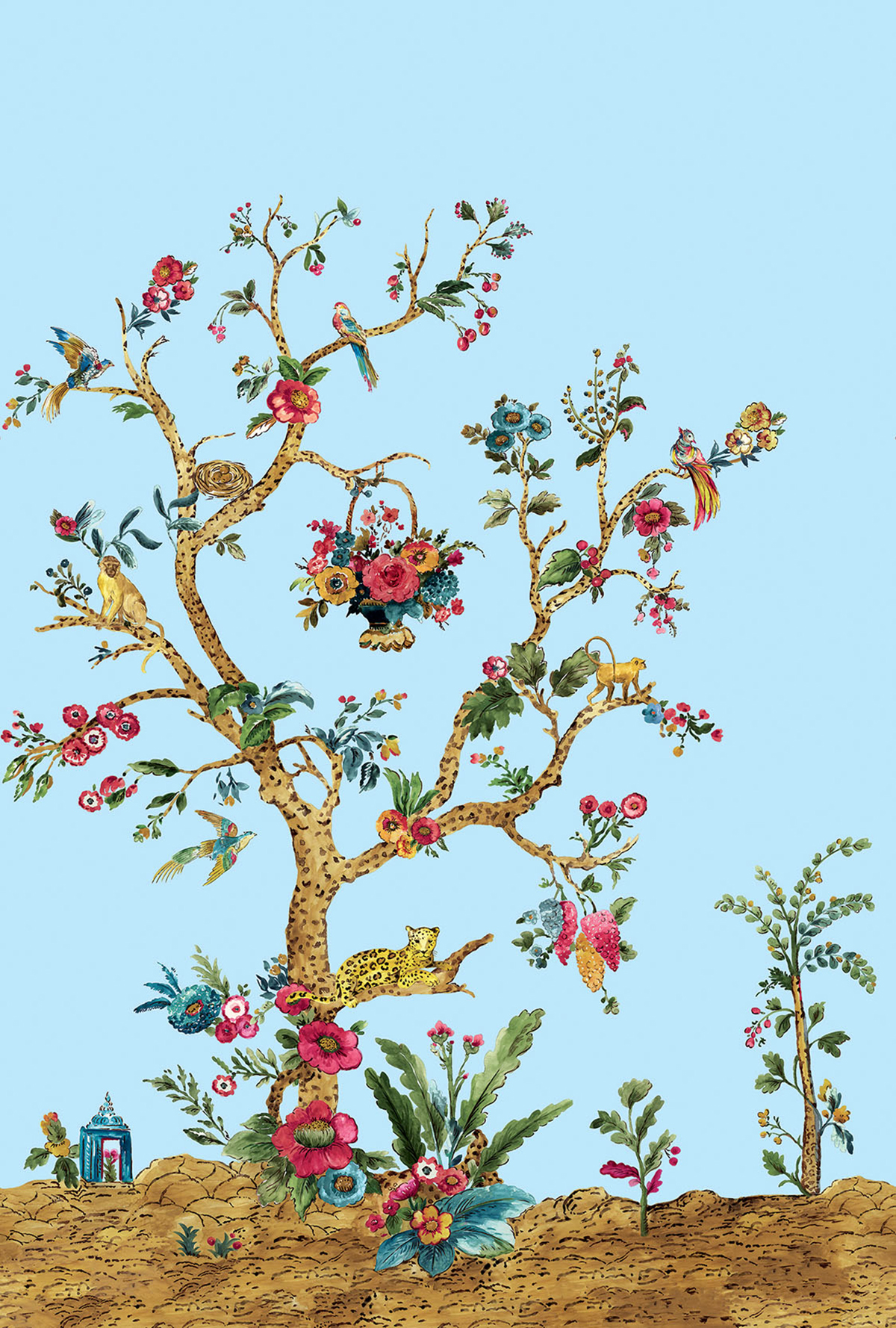 Papier peint panoramique Arbre Léopard Tanzanie bleu azur - Daisy Bennett d'Initiales | Réf. INI-DB31902M