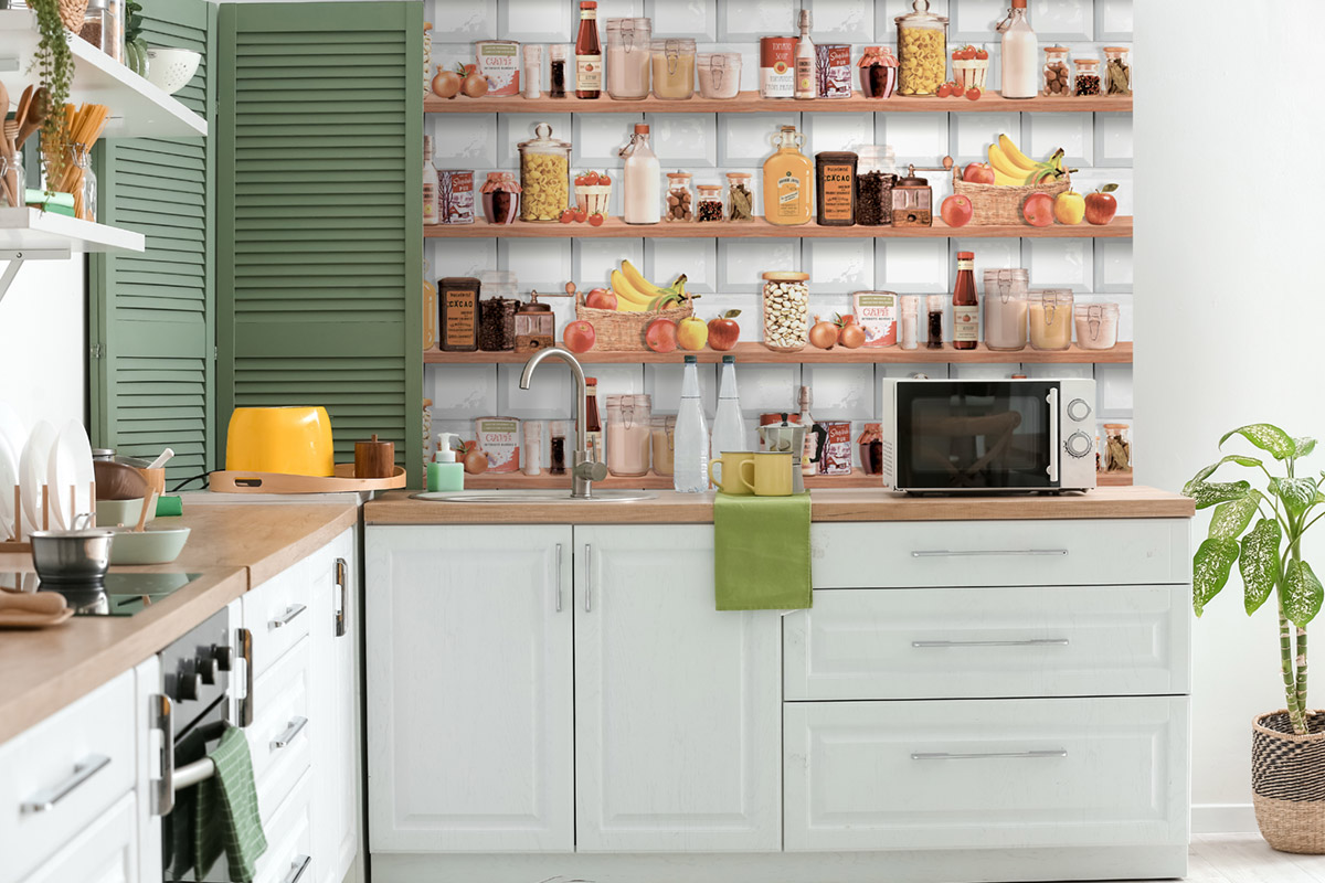 Papier Peint Cuisine Bocaux Étagère rouge - Illusion d'Ugépa | Réf. UGP-M90010