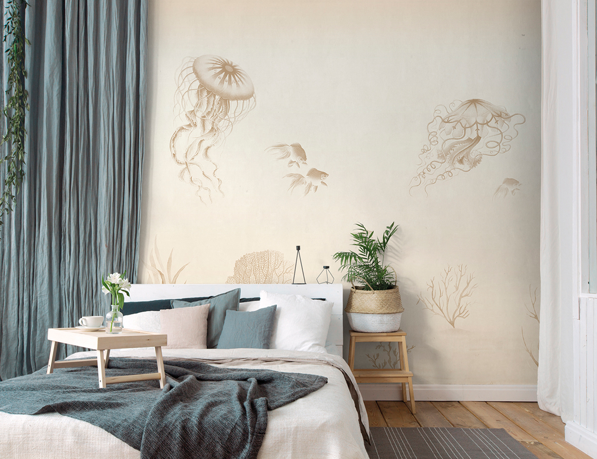 Papier peint panoramique Méduse Sea Life beige - Panorama 2 de Lutèce | Réf. LTC-PAN1742C