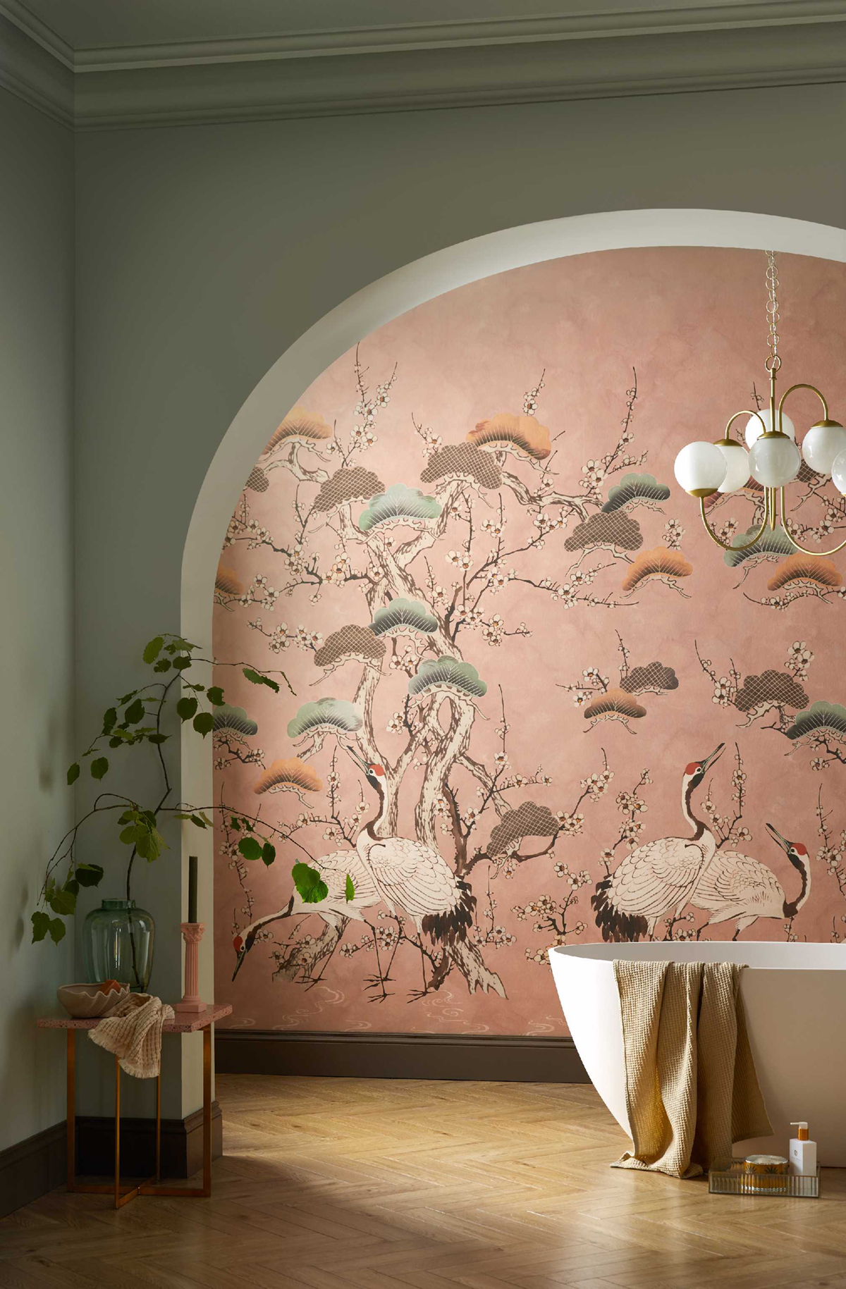 Papier peint panoramique Oiseau Grue Kyoto Blossom rose - V&A Decorative Papers d'Initiales | Réf. INI-31117404