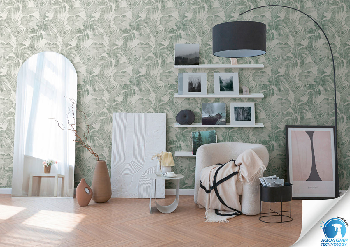 Papier peint préencollé Jungle Tropicale vert fond blanc - Designdrop d'A.S. Création AMB2 | Réf. AS-784981