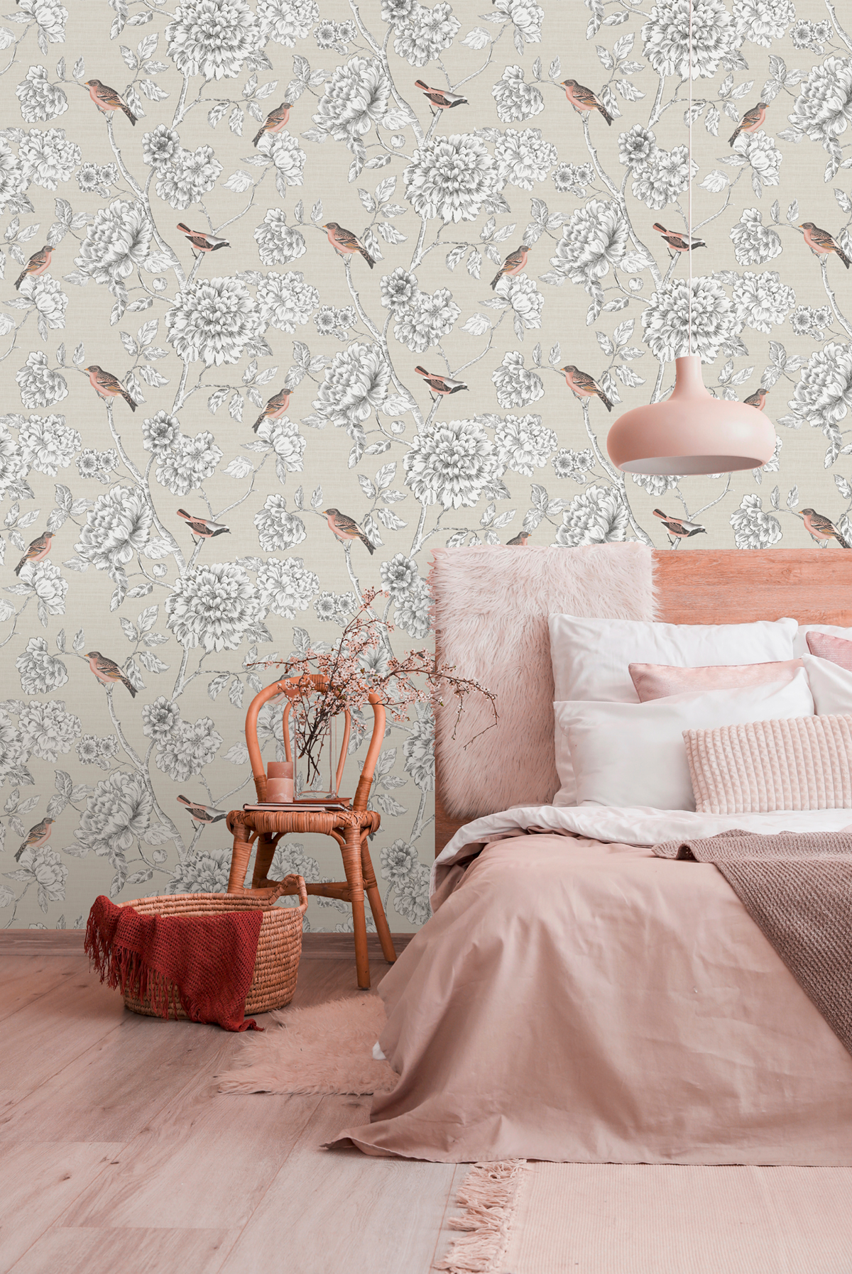 Papier peint Oiseau Fleur Eléanore beige rose - Séjours & Chambres de Lutèce | Réf. LTC-51224707