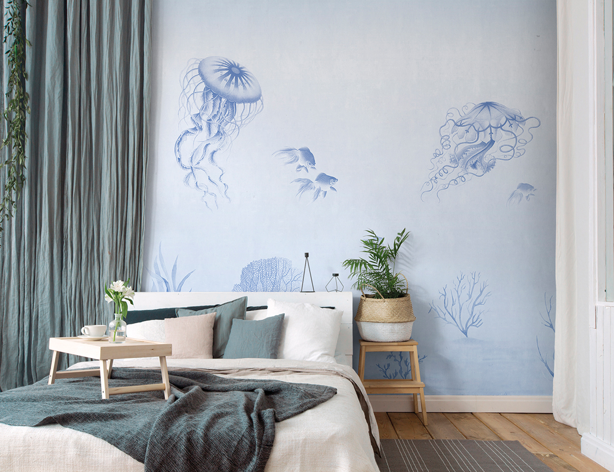 Papier peint panoramique Méduse Sea Life bleu beige - Panorama 2 de Lutèce | Réf. LTC-PAN1743C