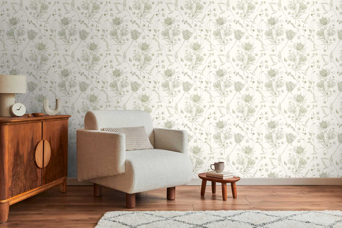 Papier peint Fleur Papillon Croquis vert blanc - Drawn Into Nature de Livingwalls AMB3| Réf. 39427-3