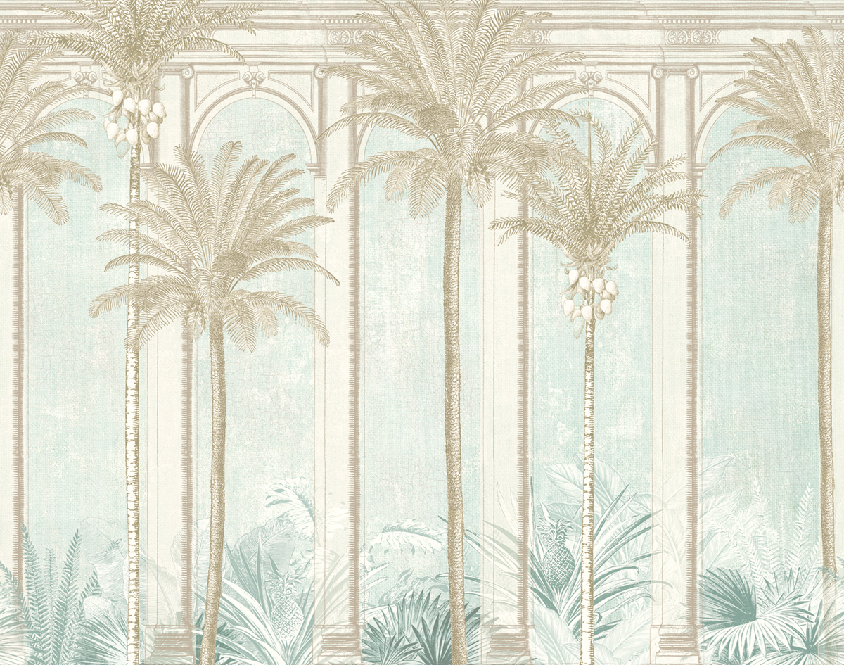 Papier peint panoramique Arcade Palmier Habana vert d'eau - A, B et C H300 - Havana de Masureel | Réf. MAS-DGHAV104X
