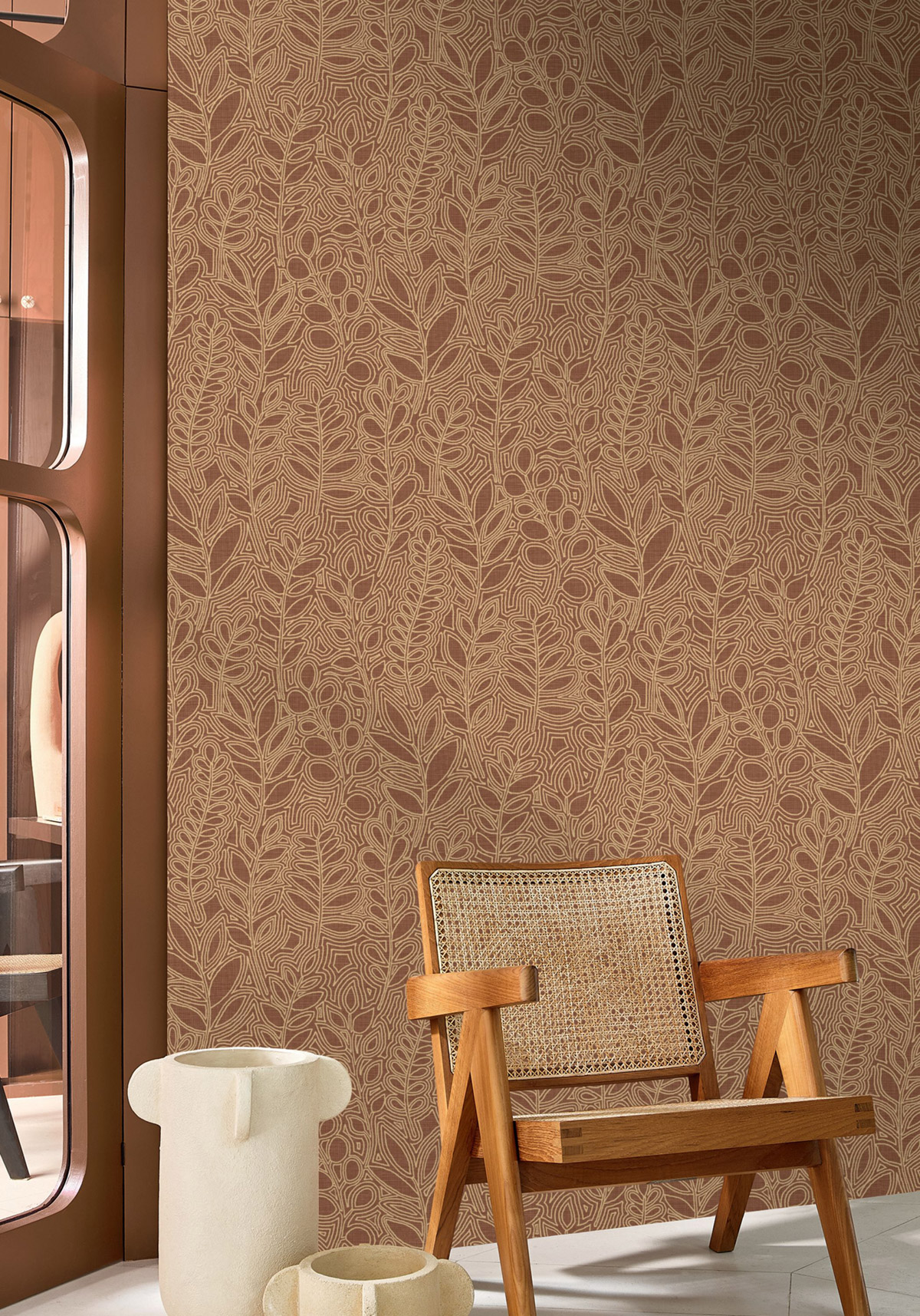 Papier peint Feuille Broderie Astragale terracotta - Palmadora de Casamance | Réf. CAS-76680814