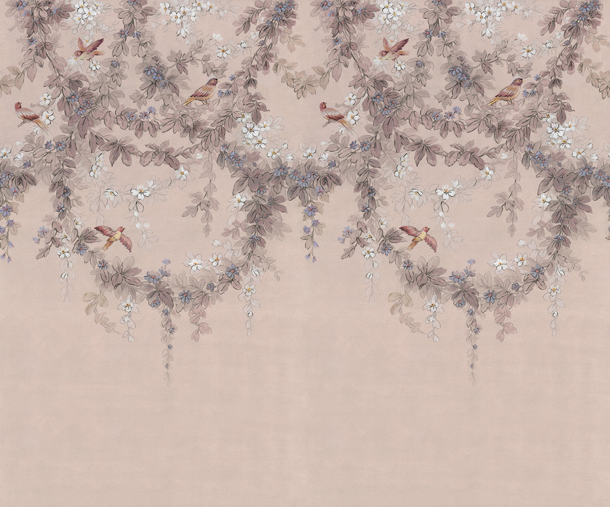 Papier peint panoramique Fleurs Oiseaux Symphony rose violet - Papier peint Komar Into Wonderland