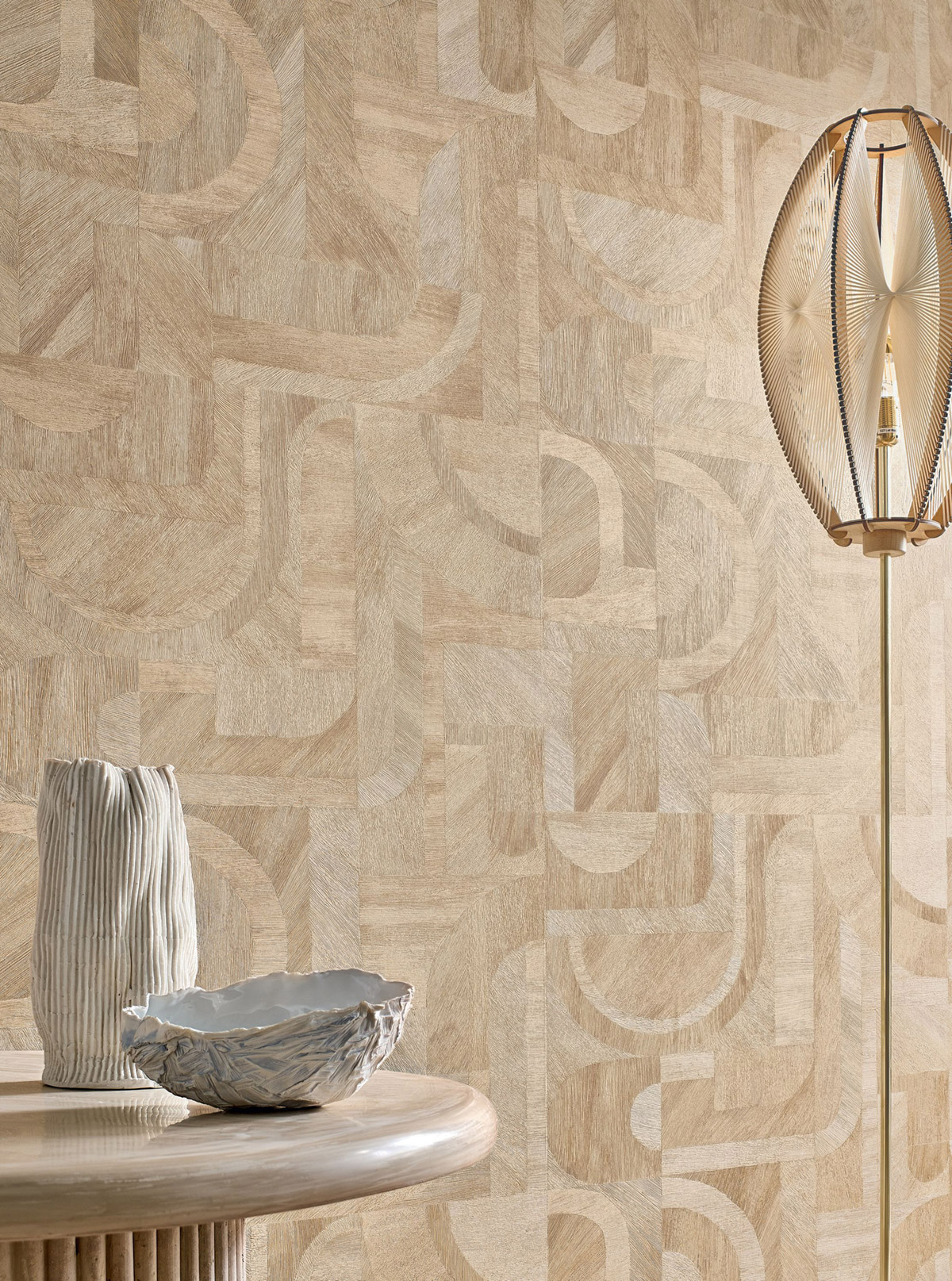 Papier peint Patchwork Ethnique Intarsia beige travertin - Nature sur Mesure de Casamance AMB2 | Réf. CAS-76870304