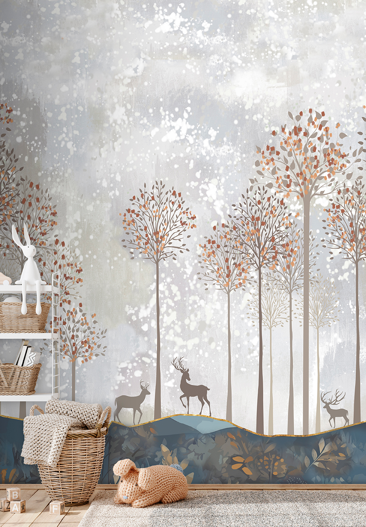 Papier peint panoramique Bois Forest Deer bleu - Farandole de Lutèce | Réf. LTC-CW6047-1