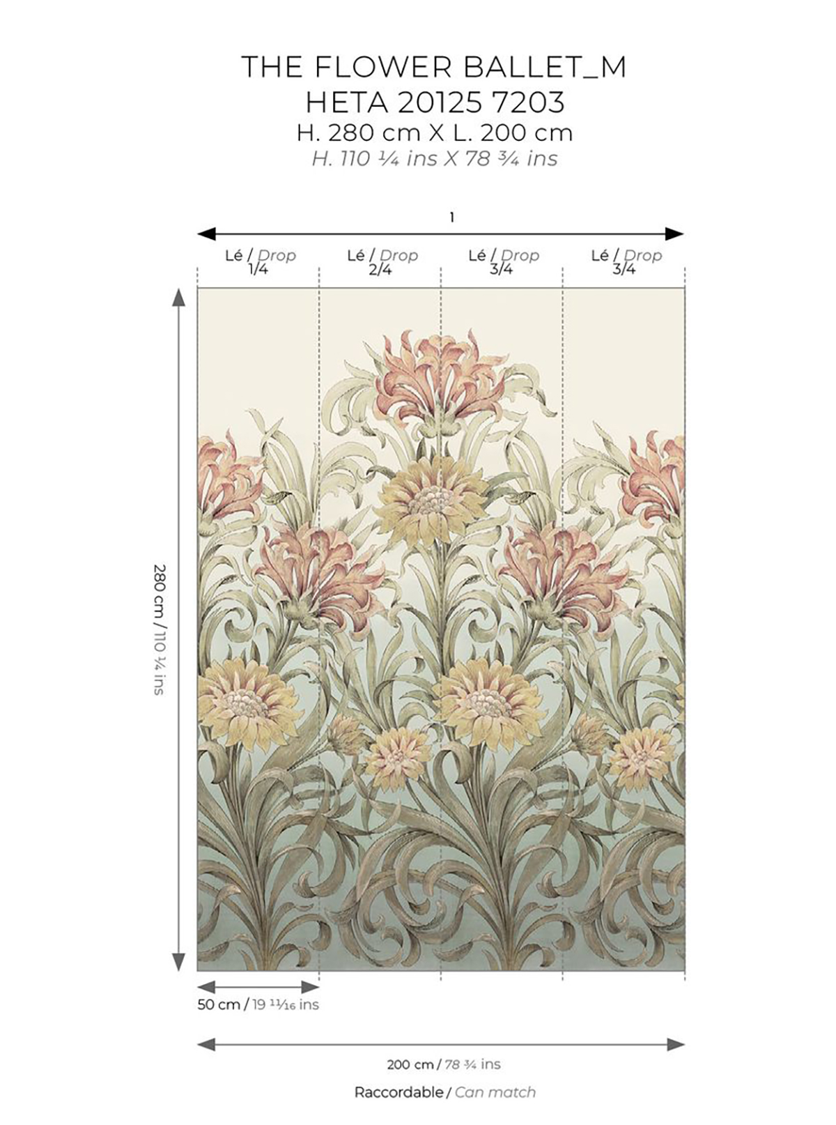 Papier peint panoramique Fleurs Ballet M vert bordeaux 200X280 - Heritage de Casadéco AMBR | Réf. HETA201257203