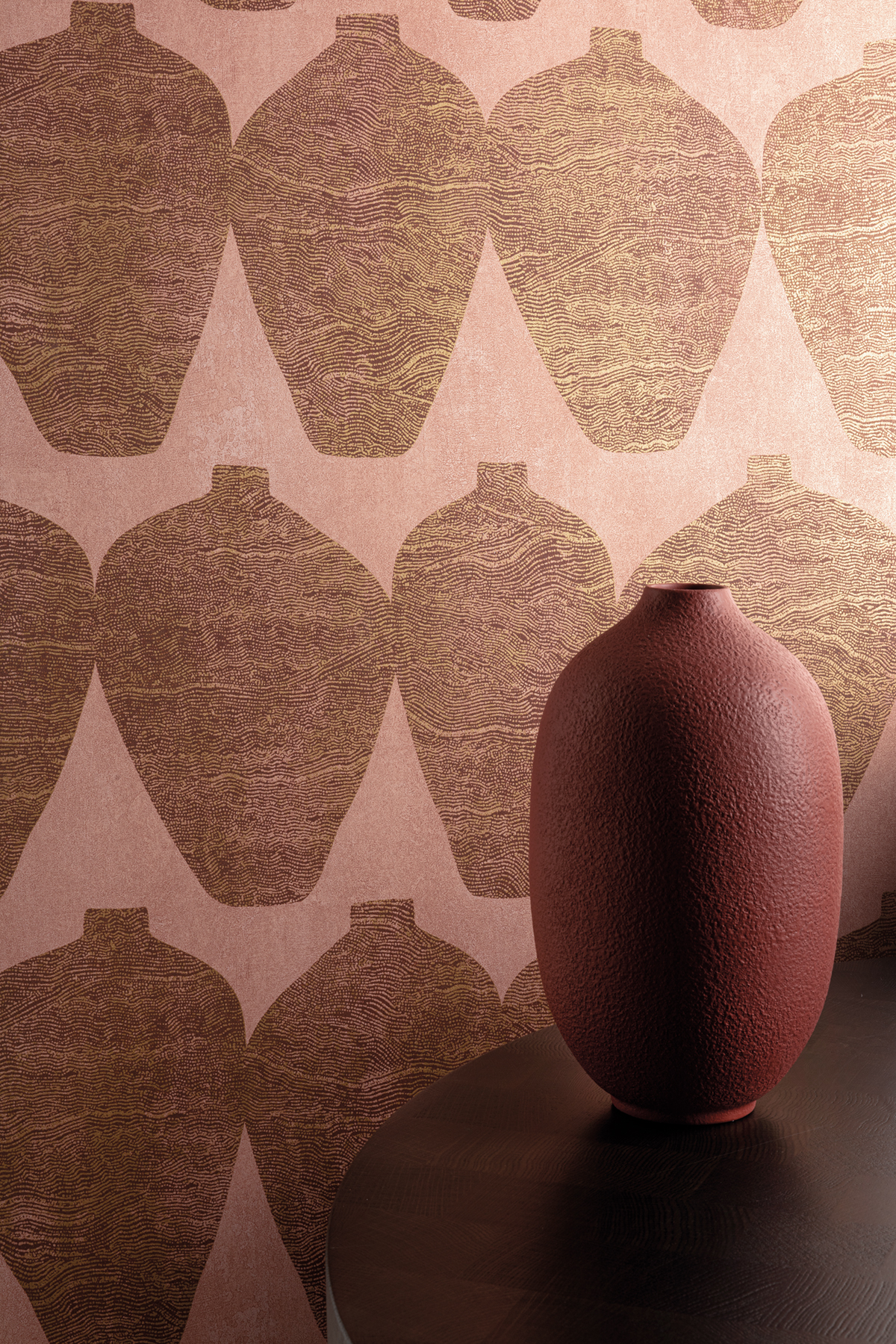 Papier peint Vase Ethnique Hemia vieux rose doré - Terra de Masureel AMB2 | Réf. MAS-TER203