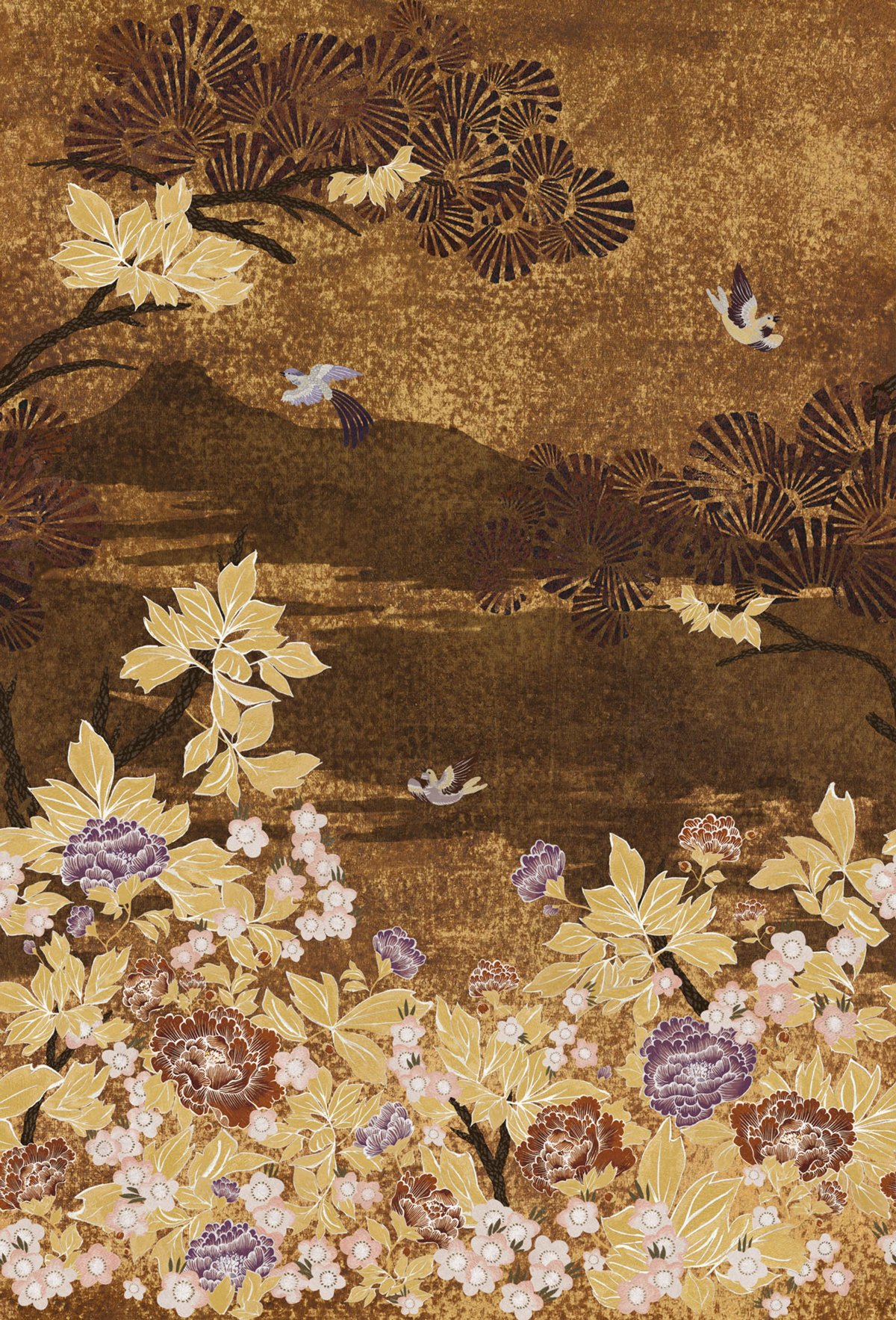 Papier peint Panoramique Fleurs Japon Kansai brun doré - Archipel de Casamance | Réf. CAS-75354078