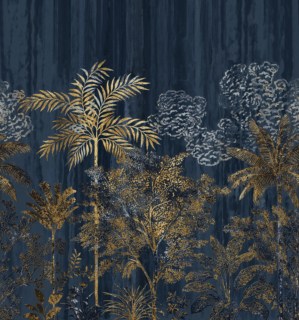 Papier peint panoramique Jungle Oasis Siwa bleu et doré - Mirage de Casamance | Réf. CAS-75292344