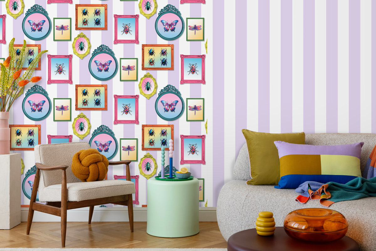 Papier Peint Cadre Insecte Entomologie Pop mauve - Illusion d'Ugépa | Réf. UGP-M89506