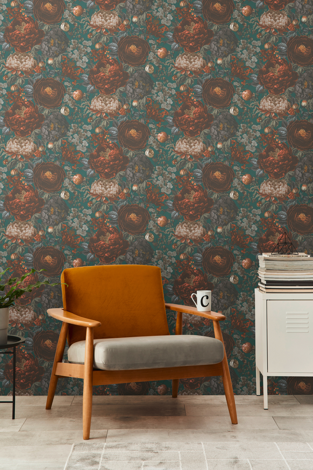 Papier peint Fleur Vintage Papillon vert sapin orange - Metropolis Michalsky 6 de Livingwalls AMB2 | Réf. AS-399793