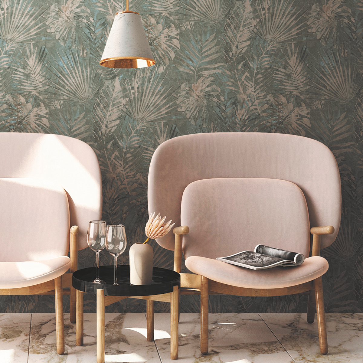 Papier peint Palmes Sumatra gris bleu - Natural Living d'A.S. Création AMB2 | Réf. AS-386382