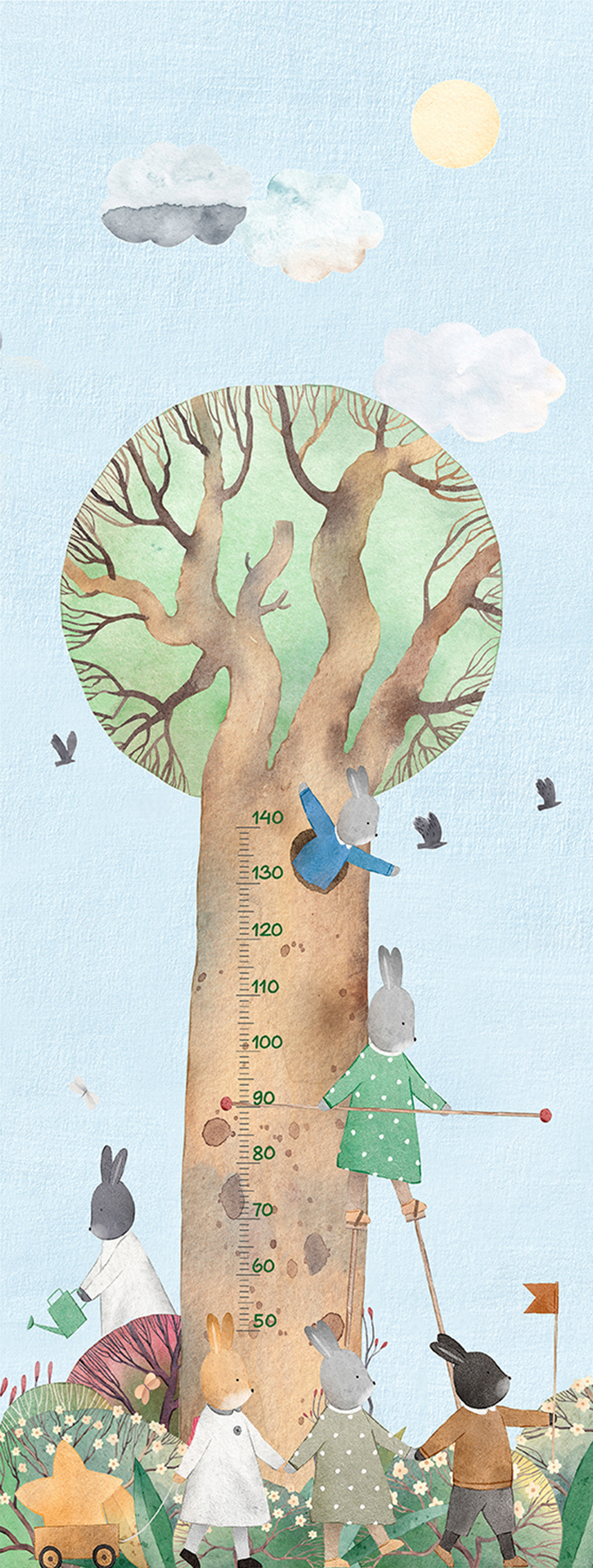 Papier peint panoramique Arbre Playful Bunnies Measure bleu - Farandole de Lutèce | Réf. LTC-CW6064-1