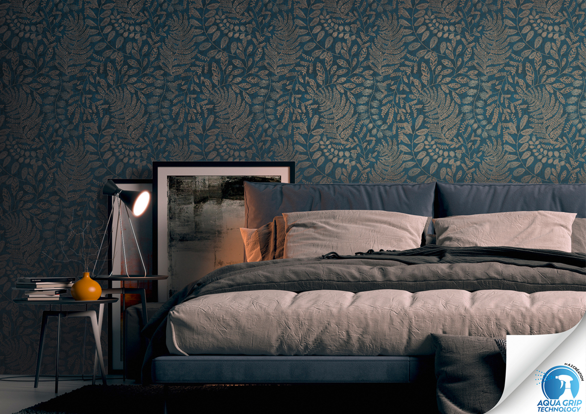 Papier peint préencollé Feuilles Details bleu pétrole doré - Designdrop d'A.S. Création AMB2 | Réf. AS-784951