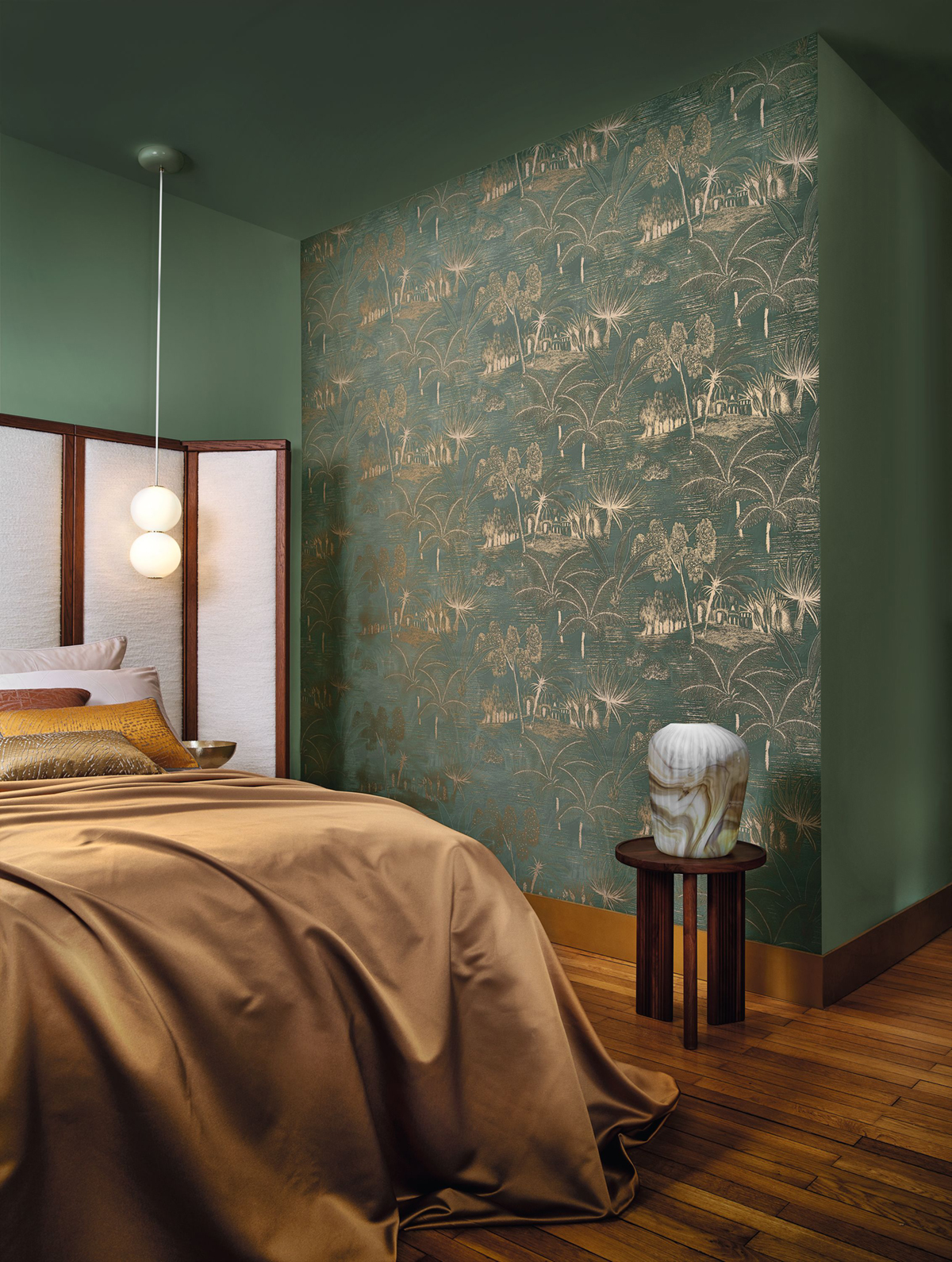 Papier peint Temple Palmier Baharia vert doré - Bord Du Nil de Casamance | Réf. CAS-76141120