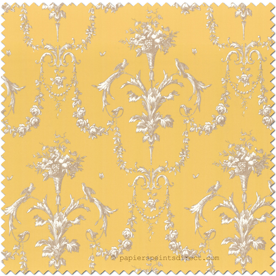 Tissu Baroque et Oiseaux jaune soleil et or - Les Belles Toiles De Jouy de Casadéco | Réf. LBTJ88042524