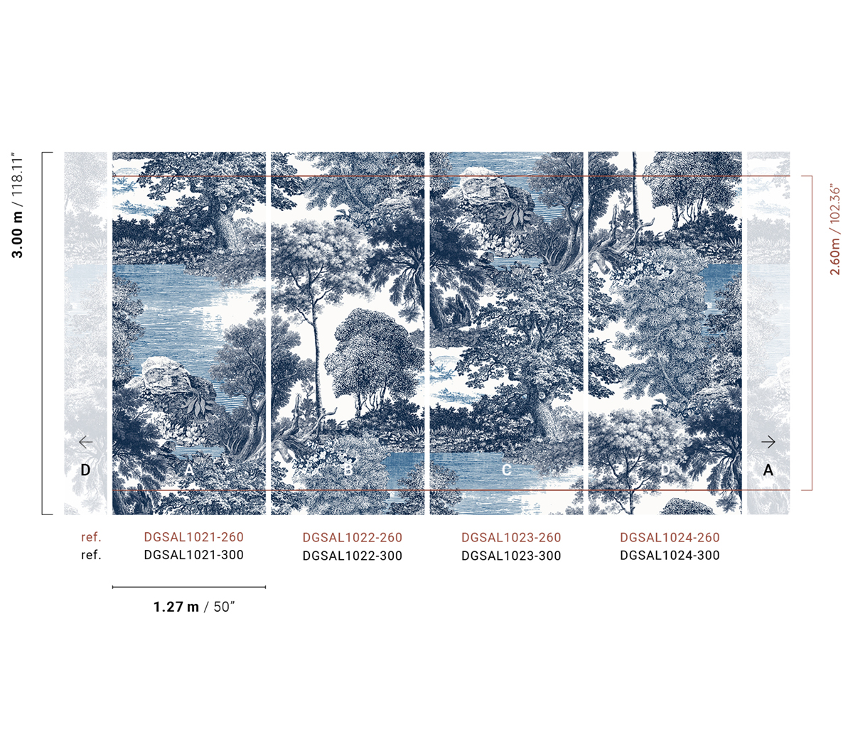 Papier peint panoramique Toile de Jouy Salcey bleu - A, B, C et D H260 - Amazone de Masureel | Réf. MAS-DGSAL102X-260