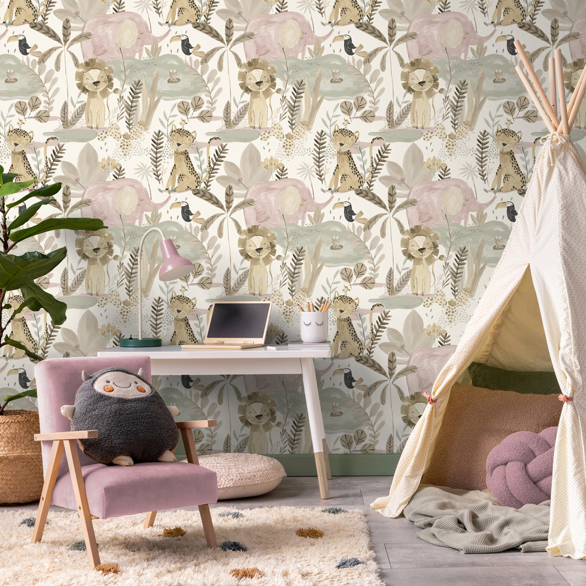 Papier peint Jungle Animaux Enfant beige - Imagine de Lutèce | Réf. LTC-DL27557