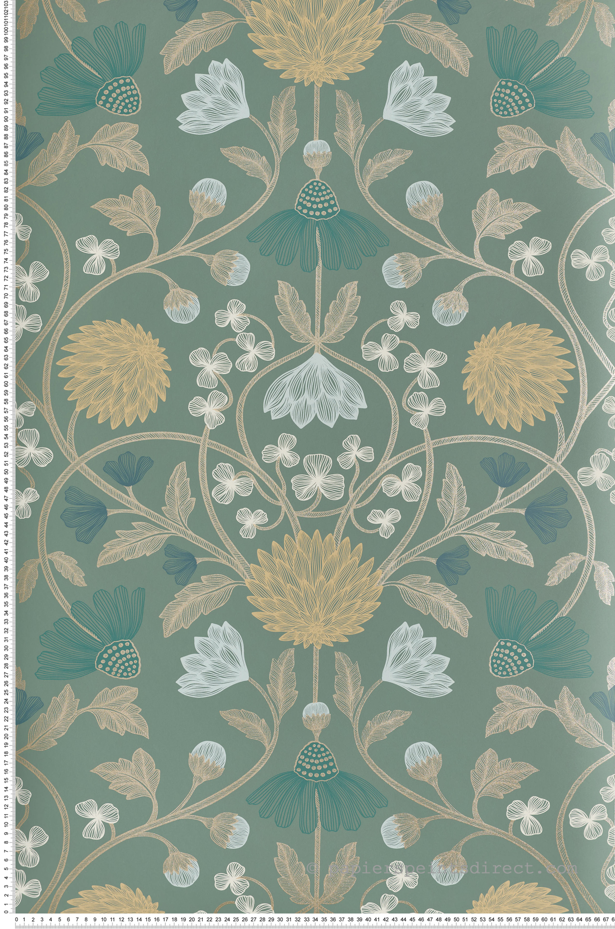 Papier peint Fleurs Champêtres Entrelacées Hippolyte vert de gris doré - Isadora de Casamance | Réf. CAS-70450712