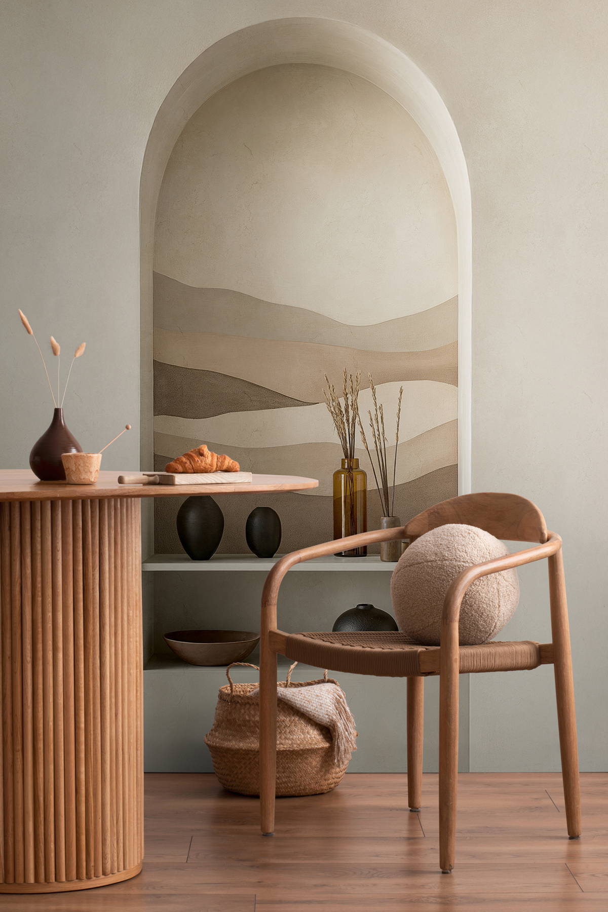 Papier peint panoramique Etagère Trompe l'Œil Clay Mirage beige - Cosmoliving d'A.S. Création AMB | Réf. AS-791446