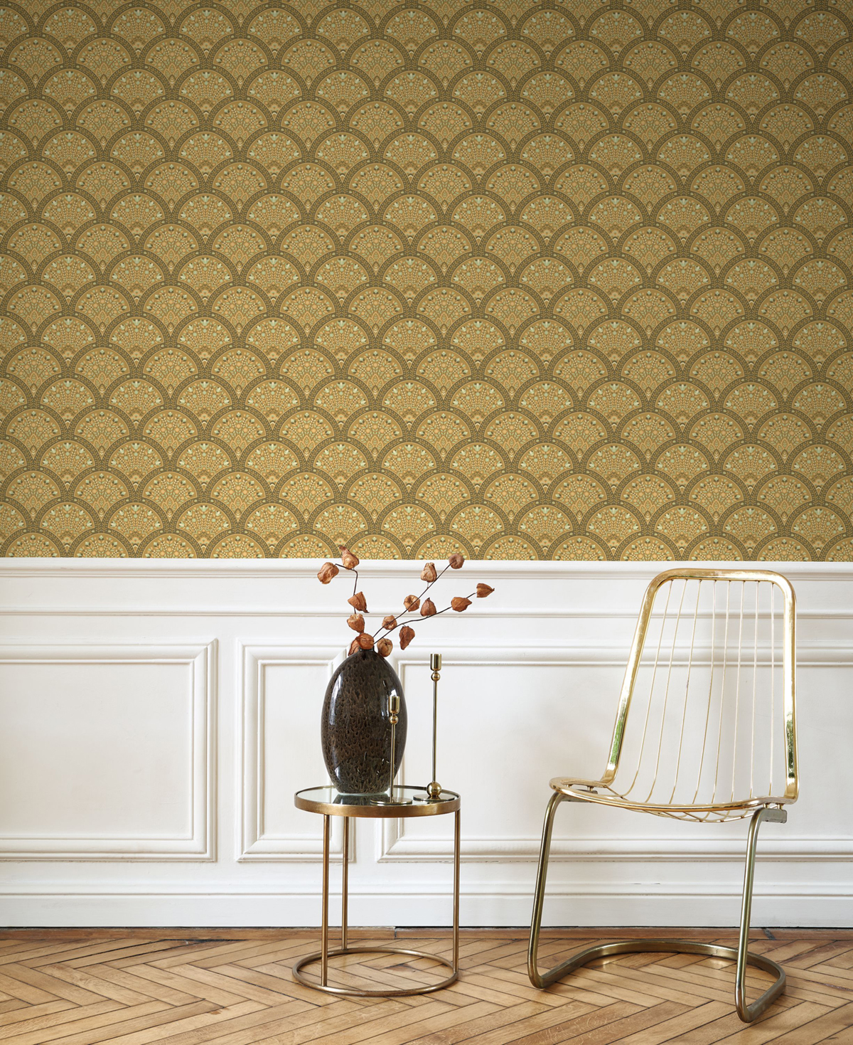 Papier peint Art Déco Wallace jaune moutarde irisé - Heritage de Casadéco | Réf. HETA201192510