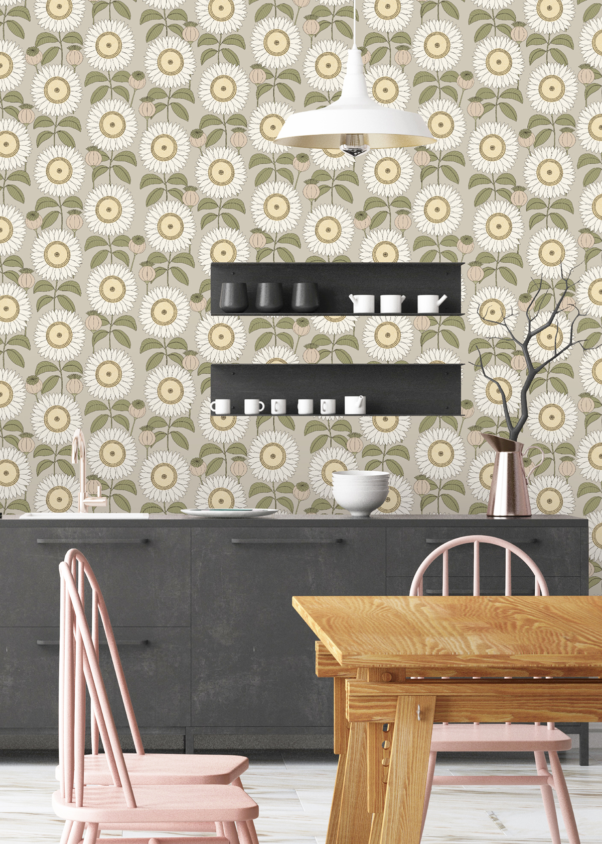 Papier peint Fleur Tournesol beige vert taupe - Cuisines & Bains de Lutèce | Réf. LTC-51230517