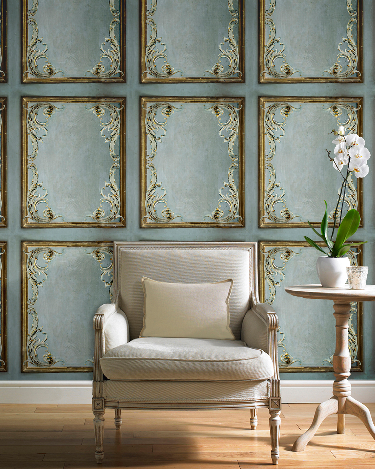 Papier peint Boiserie Dorure bleu gris - Rêverie de Montecolino | Réf. MC-191501