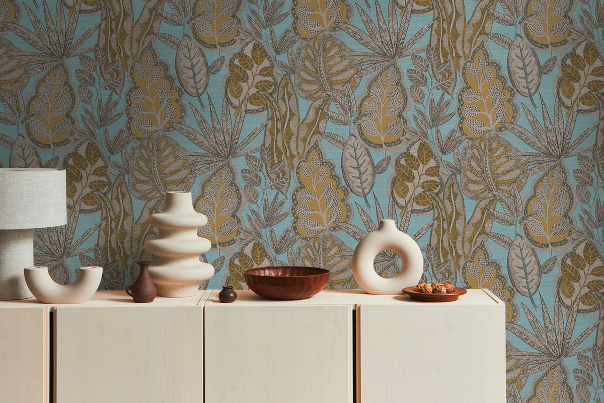 Papier peint Feuillage Symbole Indiana bleu ocre - Famous Garden d'A.S. Création | Réf. AS-393464