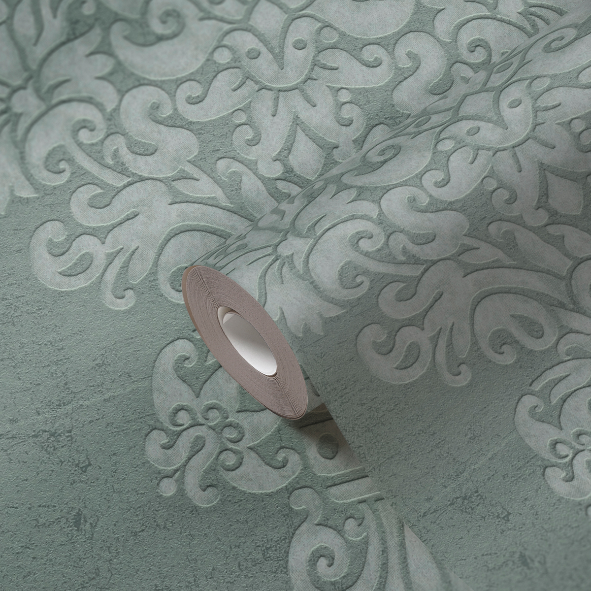 Papier peint Médaillon Baroque vert sauge argenté - Pure Elegance d'A.S. Création AMBD | Réf. AS-397651