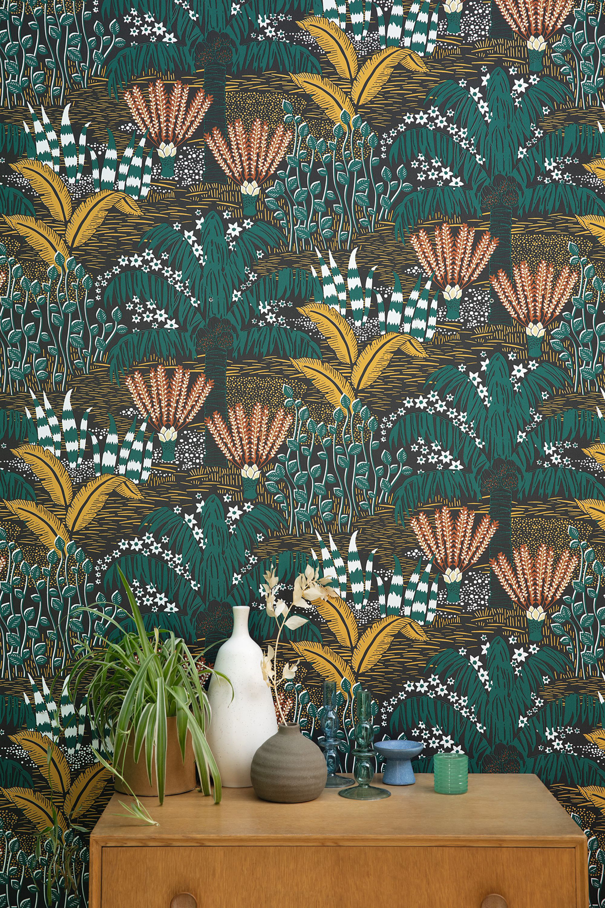 Papier peint Palmier Palmeraie vert noir - L'Epopée de Casélio | Réf. EPO103694237