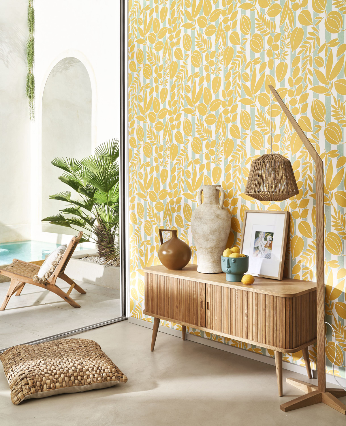 Papier peint Feuillage Rayure Ramatuelle jaune vert d'eau - Echappée Belle de Casadéco | Réf. ECHA89822606