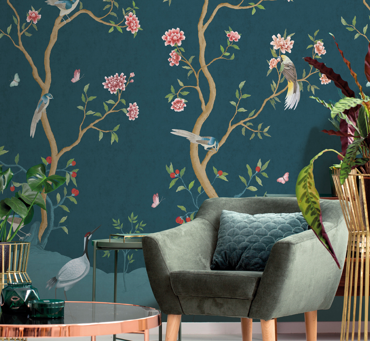 Papier peint Panoramique Oiseaux Chinoiserie Fleurie bleu paon - Romance de Lutèce AMB2 | Réf. LTC-19113