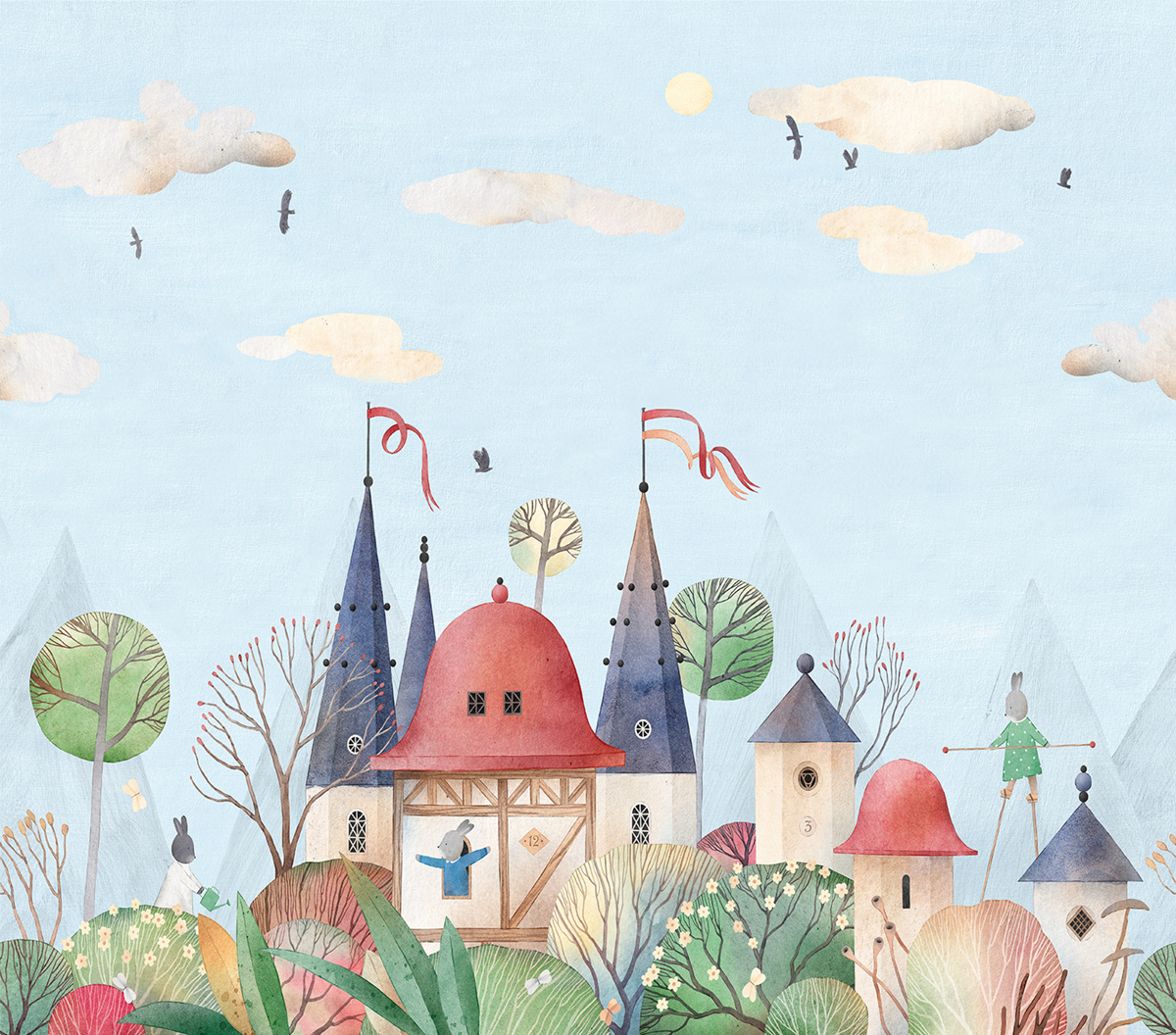 Papier peint panoramique Village Woodland Bunnies bleu - Farandole de Lutèce | Réf. LTC-CW6007-1